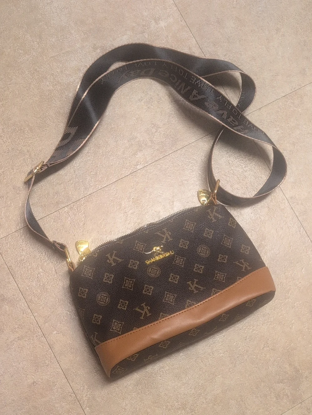 Shandidaishu Brown Monogram Crossbody Bag with Adjustable Strap